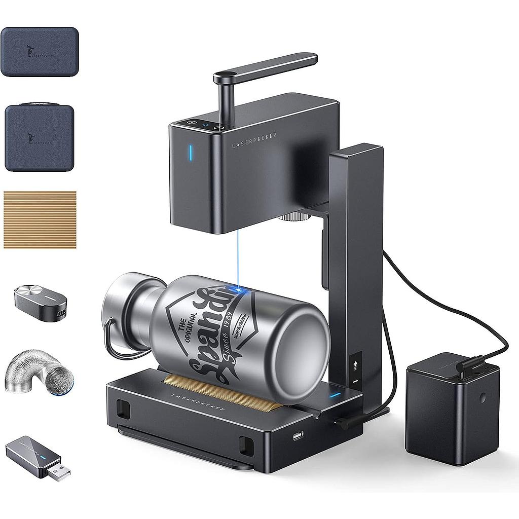 LaserPecker 2(Deluxe) Laser Engraver + Machine Storage Case + Roller Storage Case + Cutting Plate + Bluetooth Dongle + Batch Engraving Button + Exhaust Pipe